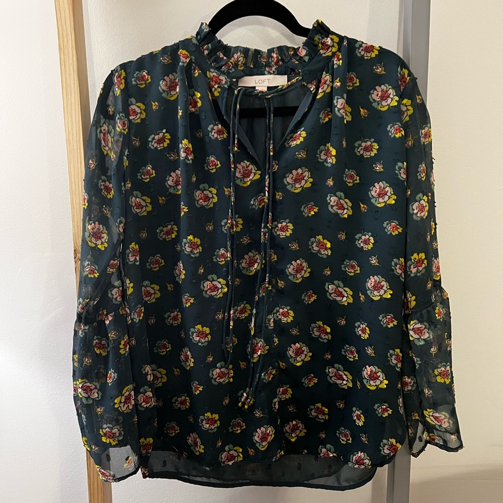 Ann Taylor LOFT Emerald Green Floral Blouse